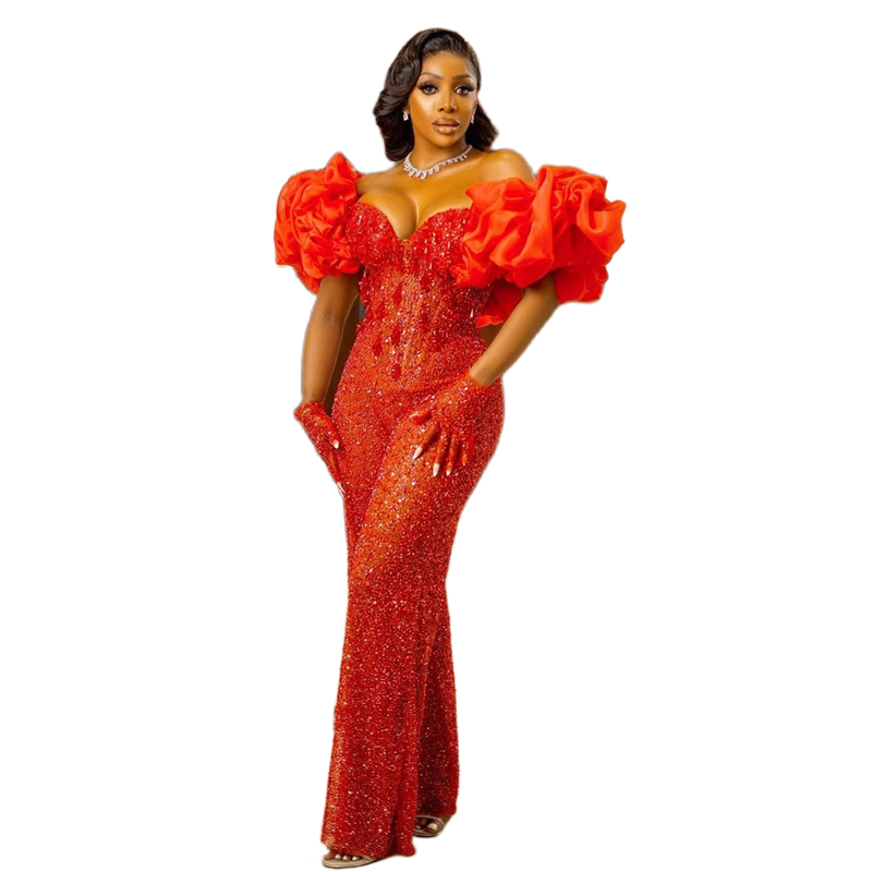 Luxurious Women Jumpsuits Beaded Rhinestones Prom Dresses Crystals Sequins Red Glitter Evening Gowns With Ruched Short Sleeves Sweetheart Corset Pagea