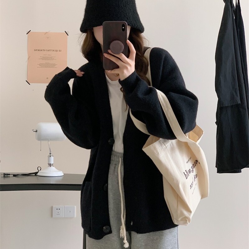 Loose Lazy Style Soft Sticky Sweater Cardigan For Women Autumn New Item Solid Color Simple And Versatile V Neck Knitted Jacket F1028#40