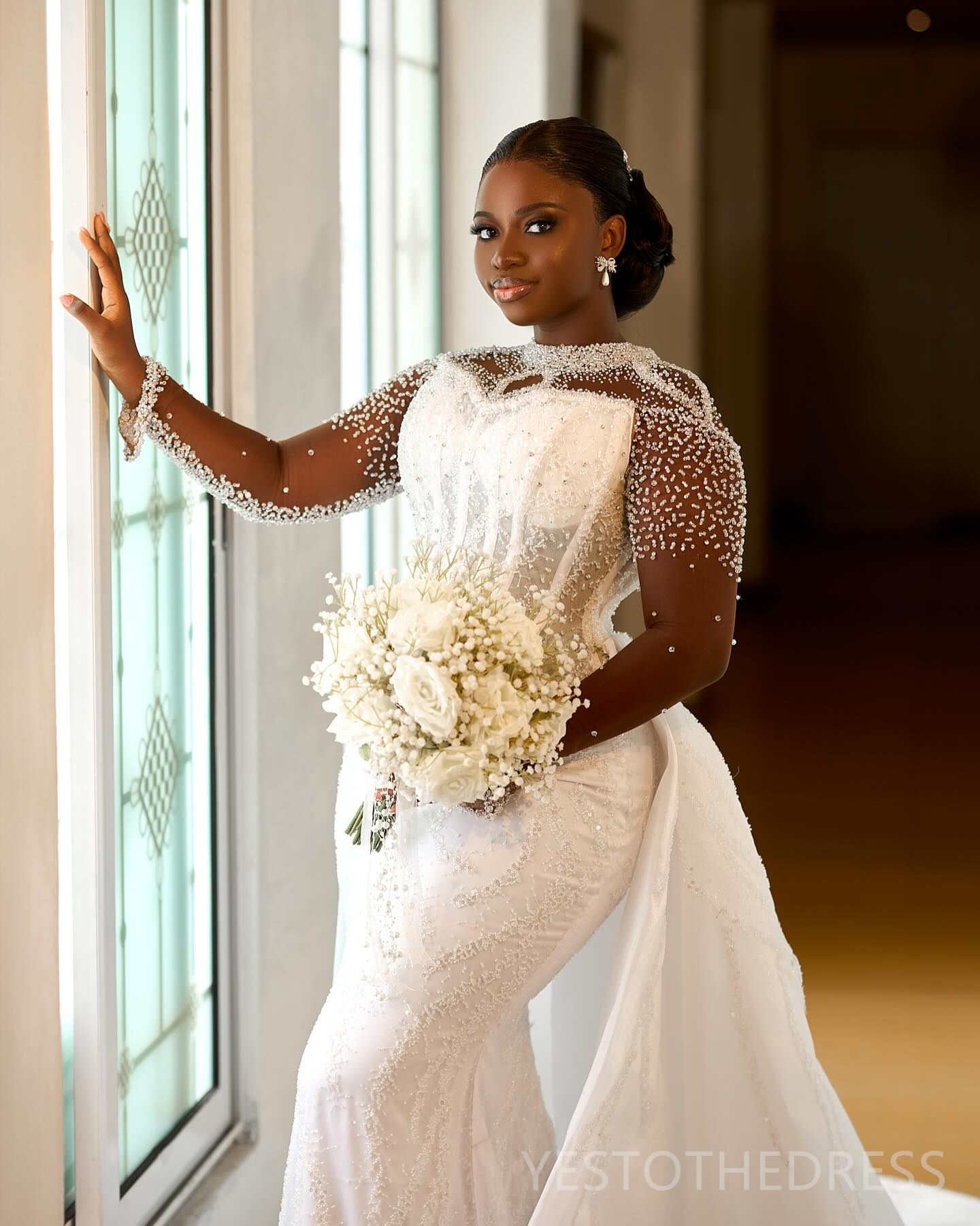 2025 Plus Size African Wedding Dress For Bride Bridal Gowns Detachable Train Illusion Mermaid Sheer Neck Beaded Lace Long Sleeves Wedding Gowns For Bl