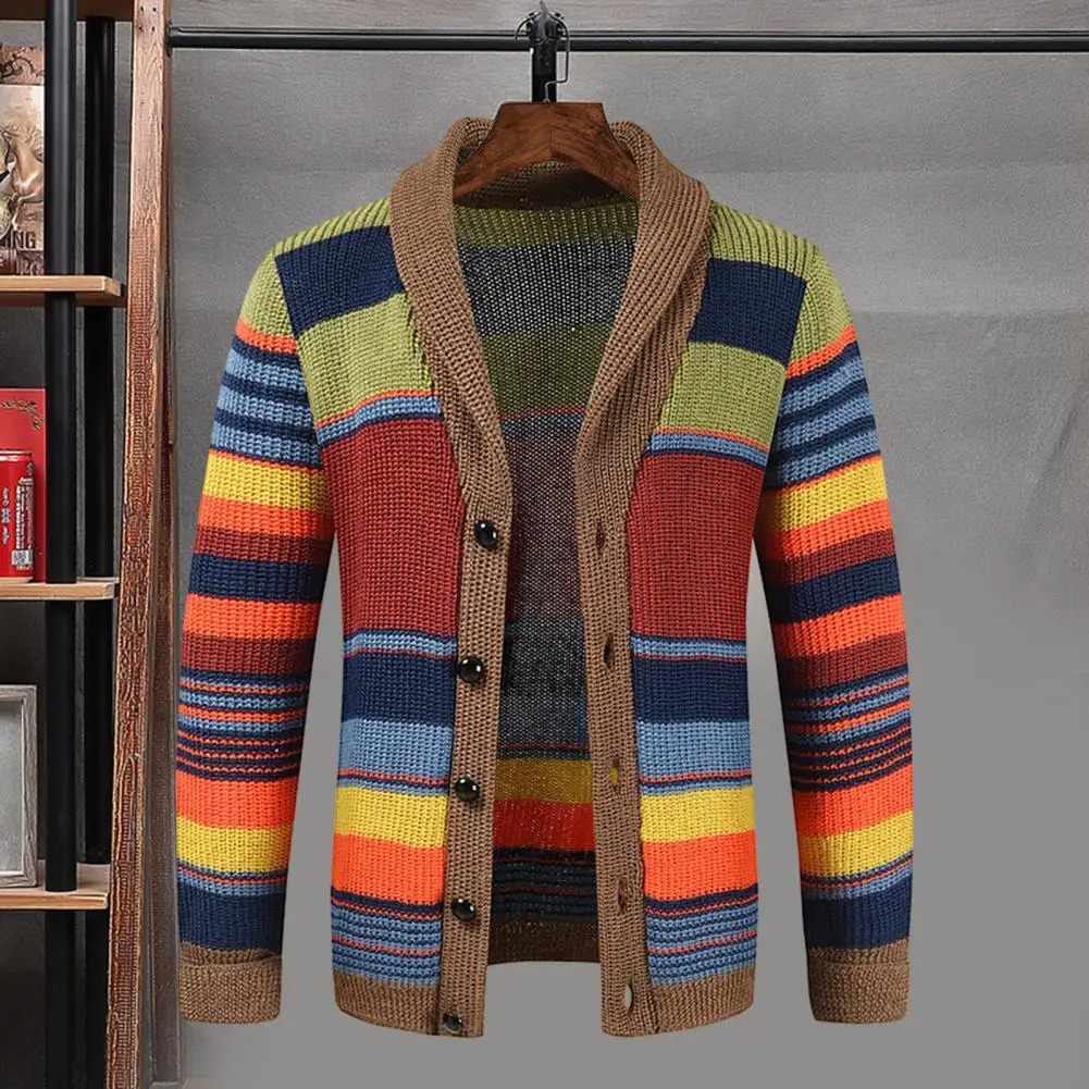 Men Outerwear Sweater Stylish Mens Knitted Color Matching Striped Cardigan Fall Winter Coat with Casual Buttons 241024