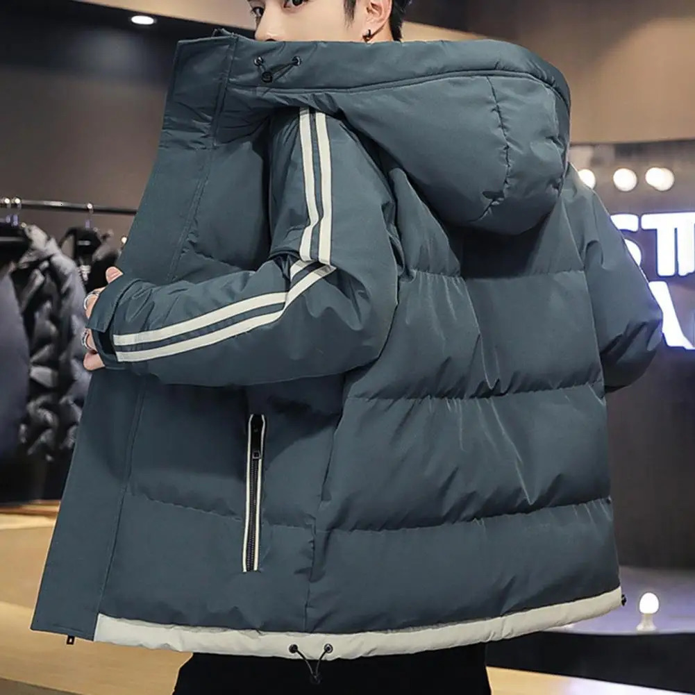 Fashion Thick Men Cotton Jacket Hooded Long Sleeve Parkas Patchwork Color Padded Coat Warm Zipper Outwear 241024
