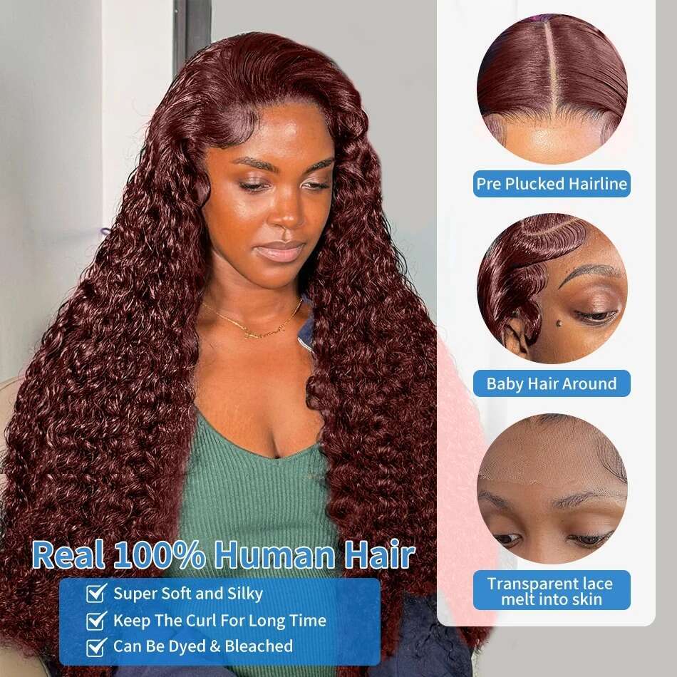 Inch Reddish Brown Deep Wave x Lace Front Human Remy Hair Density Kinky Curly HD Frontal Wig Brazilian