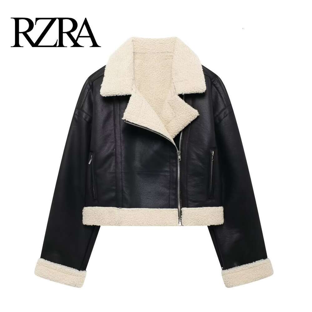 Rzra2024 Winter New Women's Black Versatile Lapel Long-Sleeved Zippered Inner Fleece Warm Short Fur One-Piece Jacket