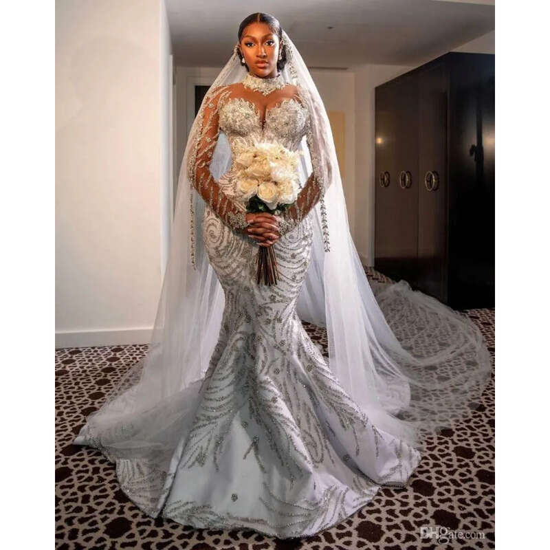 Crystal Mermaid Wedding Dress Illusion High Neck Long Sleeve Plus Size Bridal Gowns Beads Bride Dresses Robes De Mariee