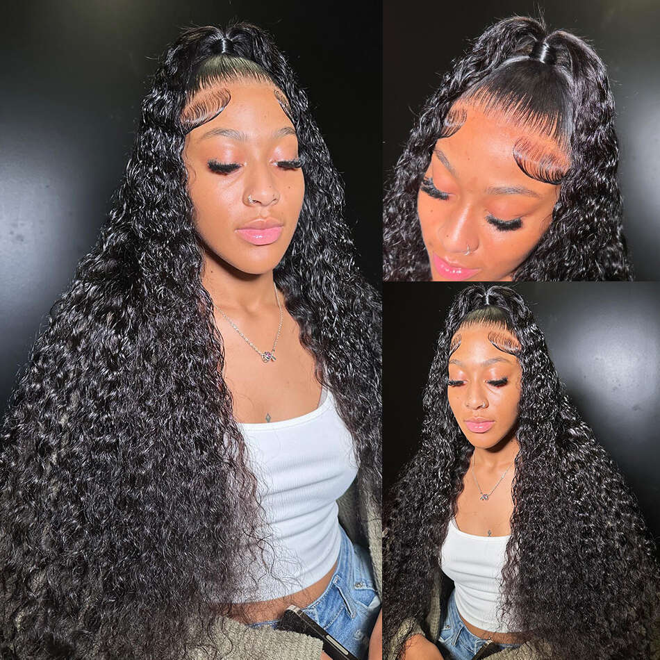 Brazilian Inches Deep Wave x HD Transparent Human Hair Wig Glueless Curly Lace Frontal Wigs For Women