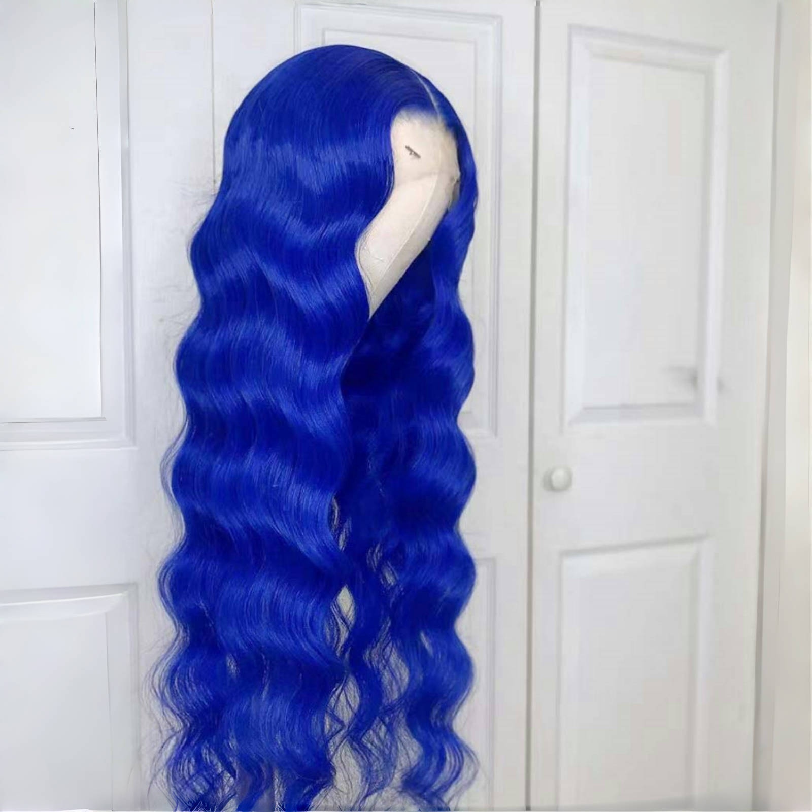 Royal Blue Front Body Wave Synthetic Wig Glueless Dark Colored Long Wavy Hair Frontal Lace Wigs for Women Party Cosplay