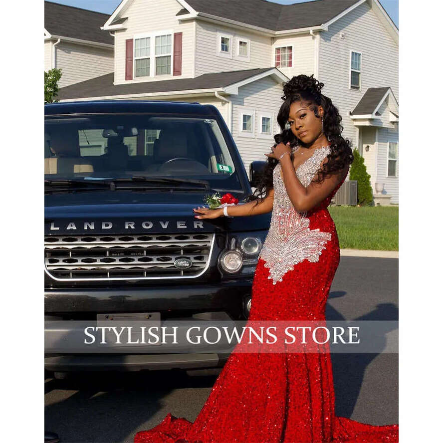 Red Sheer O Neck Long Prom Dress For Black Girls Beaded Crystal Rhie Birthday Party Gowns Sequined Evening Dresses Robe De 0914 0218