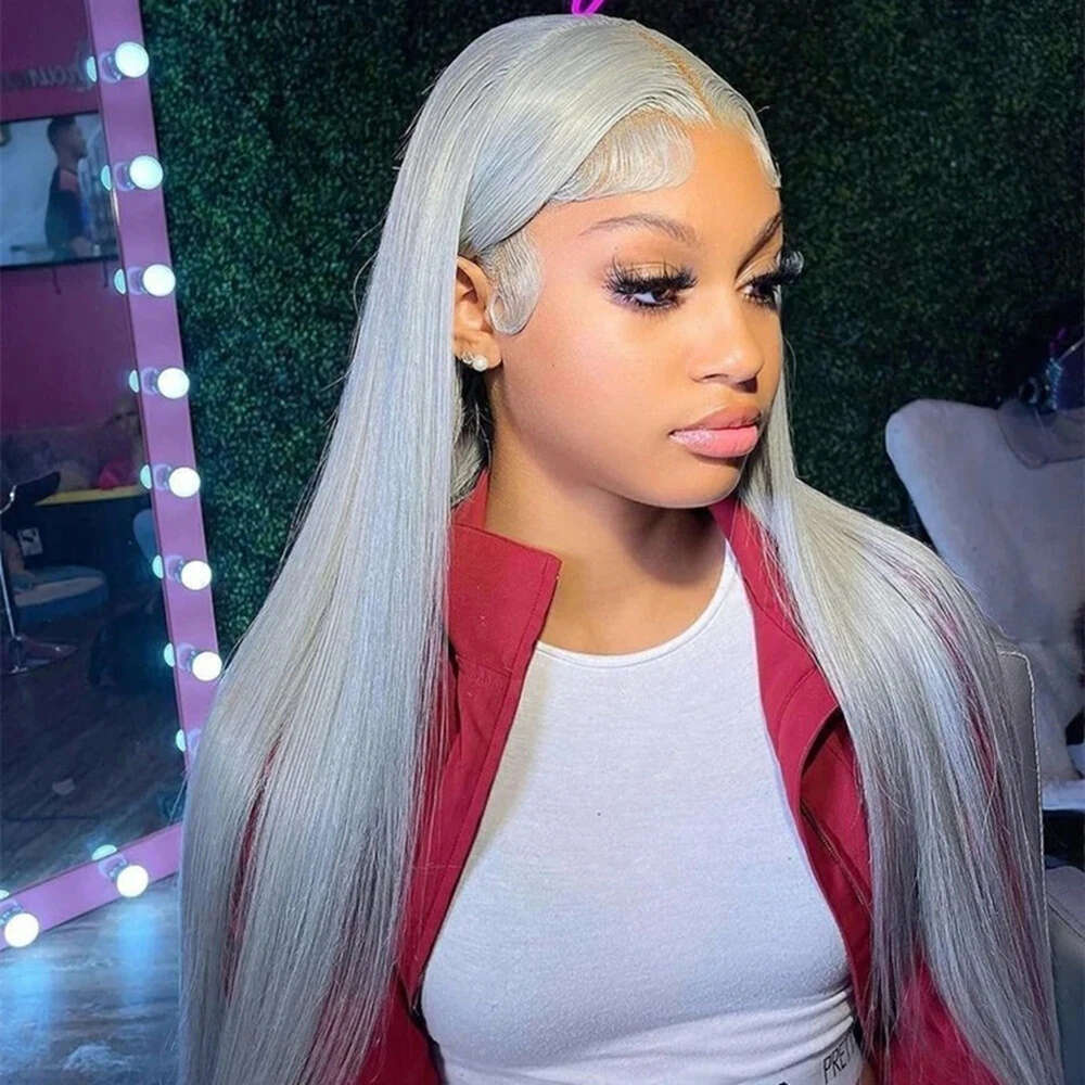 Silver Gray Colored x Lace Front Human Hair Wig Remy Brazilian Bone Straight Wigs For Women Ash Blonde