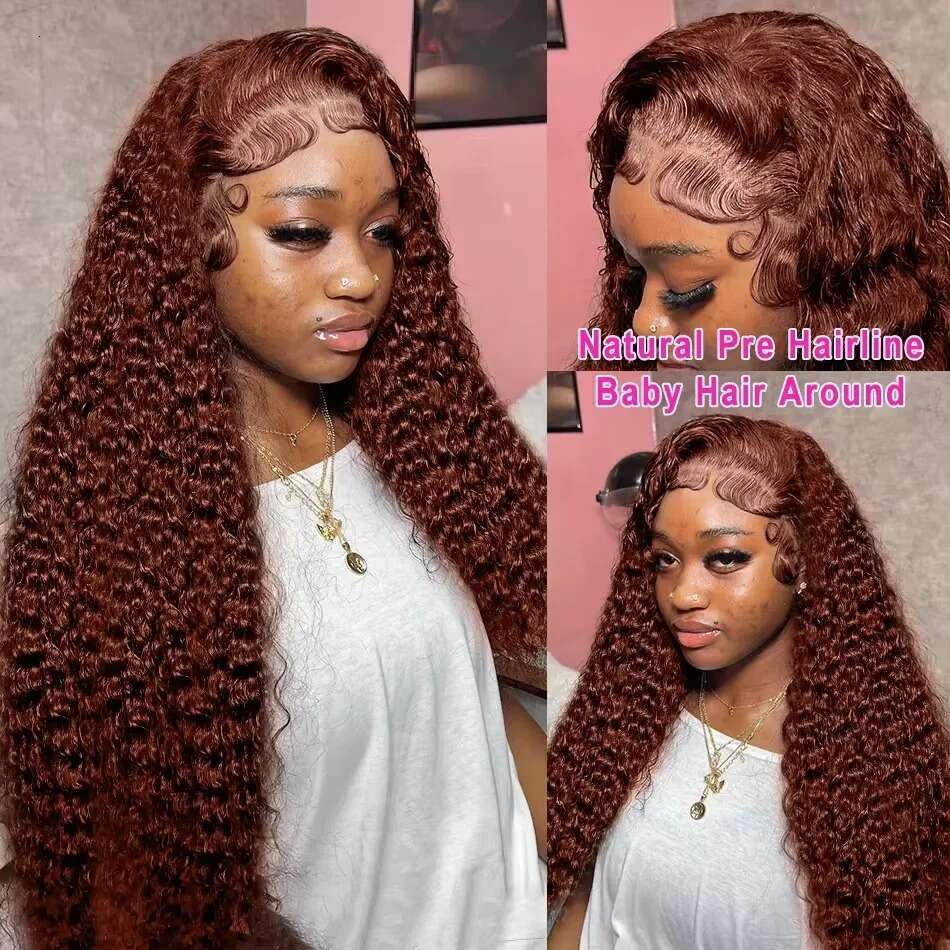 Inch Reddish Brown Deep Wave x Lace Front Human Remy Hair Density Kinky Curly HD Frontal Wig Brazilian