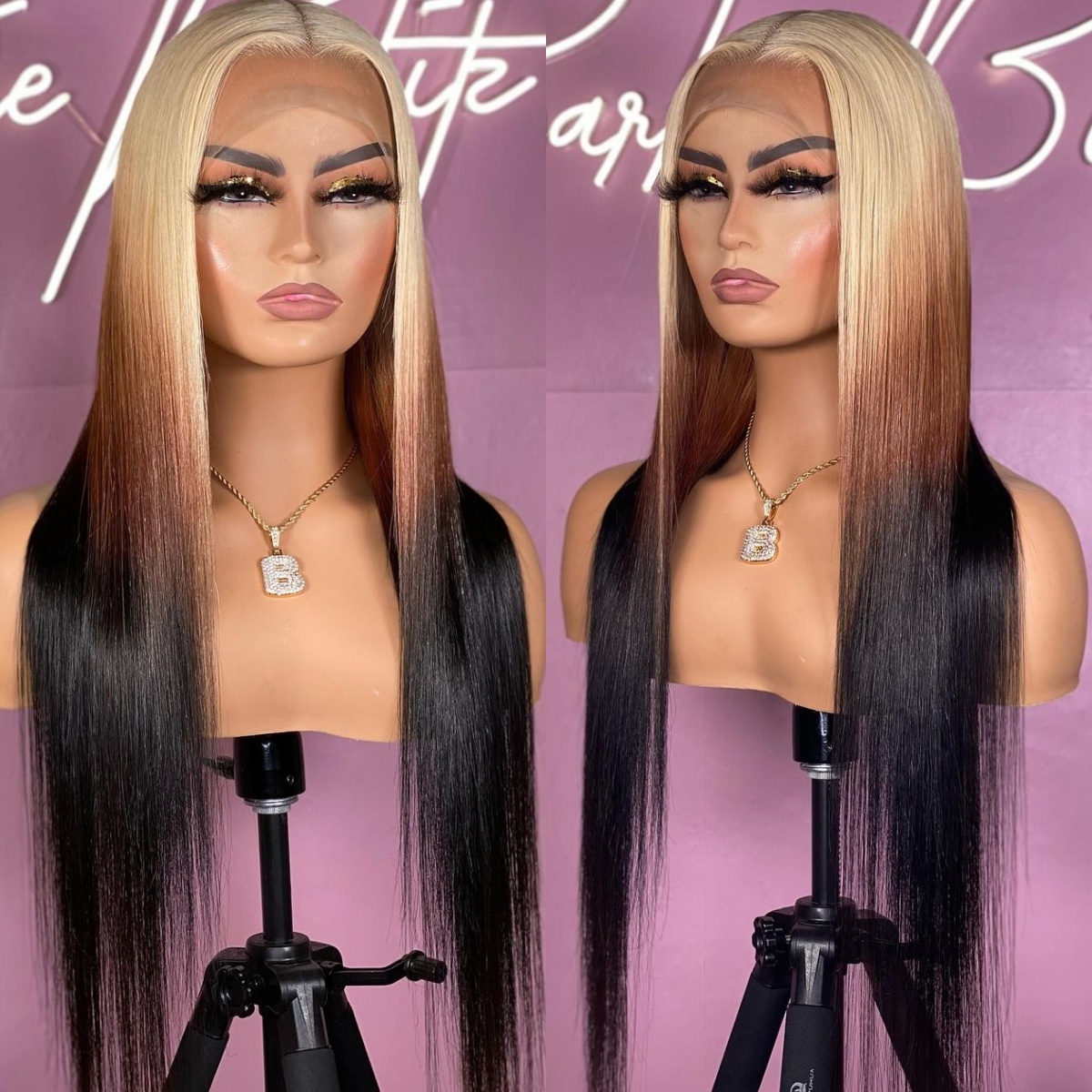 Ombre Blonde Synthetic Hair with Dark Brown Body Wave Long Wavy Lace Front Wig 13X4 Frontal Colored Wigs for Women Party