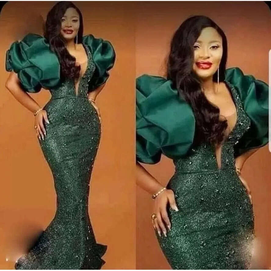 African Green Mermaid Evening Dresses With Puff Sleeves Beads Sequined Prom Gowns Plus Size Special Ocn Women Party Dress 0515