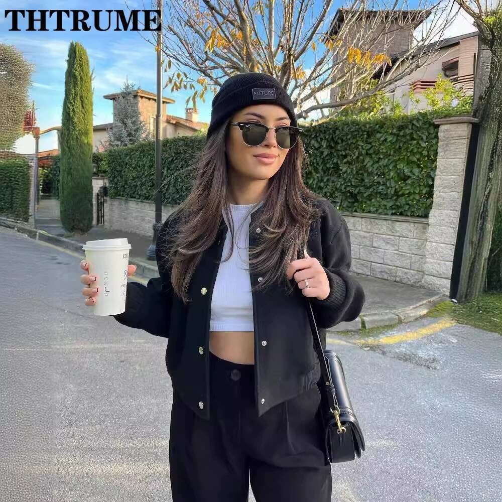 2024 New Single Breasted Jackets For Women Fashion Solid Round Neck Bomber Tweed Coats Casual Streetwear Autumn Winter Outwear