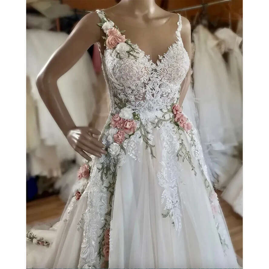 3D Ral Applique Sleeveless V-Neck Tulle A-E Dresses For Women Bridal Wedding Gowns Formal Ocn 0509