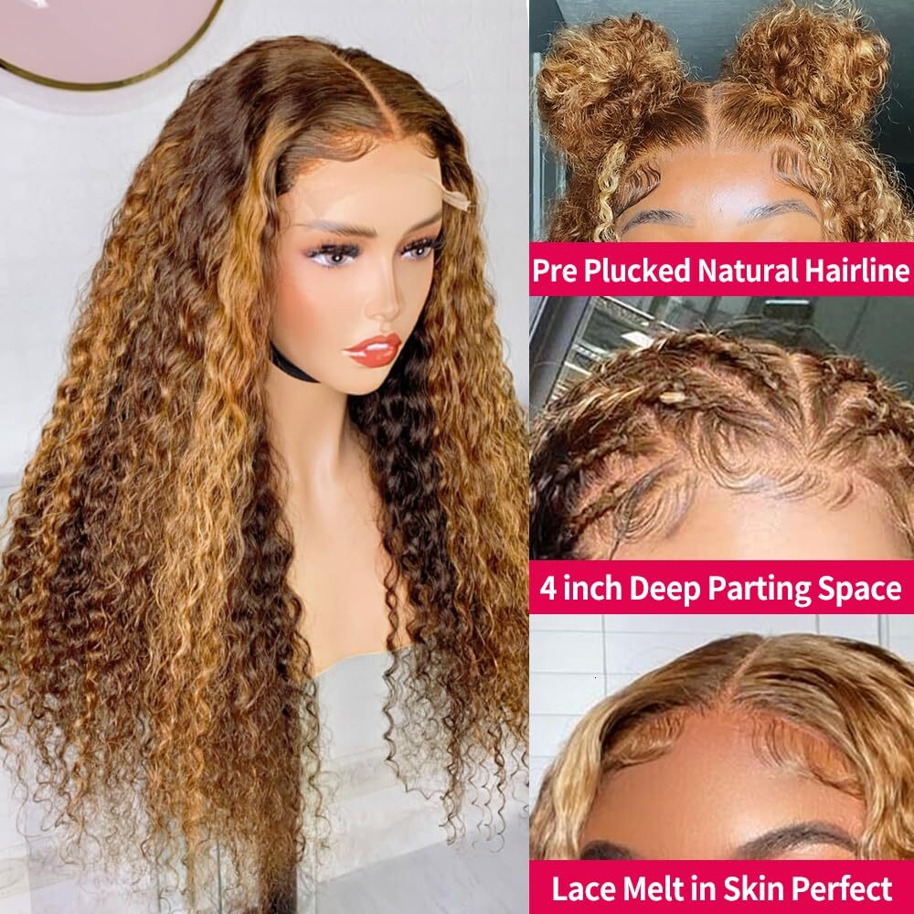 Highlight Ombre 13x6 Curly Hd Transparent Lace Frontal Wig Colored 30 Inch Deep Water Wave Human Hair Brazilian Choice For Women