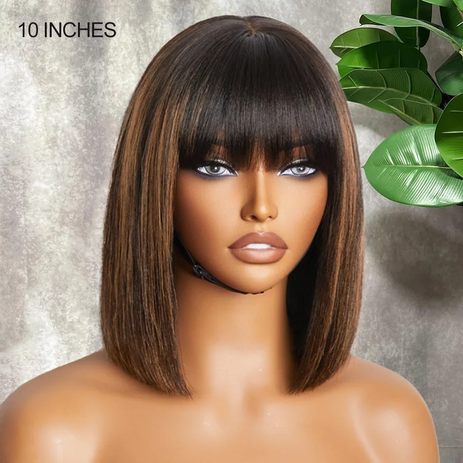 Brown Highlight Put On 100% Human Hair and Go Realistic Yaki Straight Short Bob with Bangs Minimalist Lace Wig For Black Women