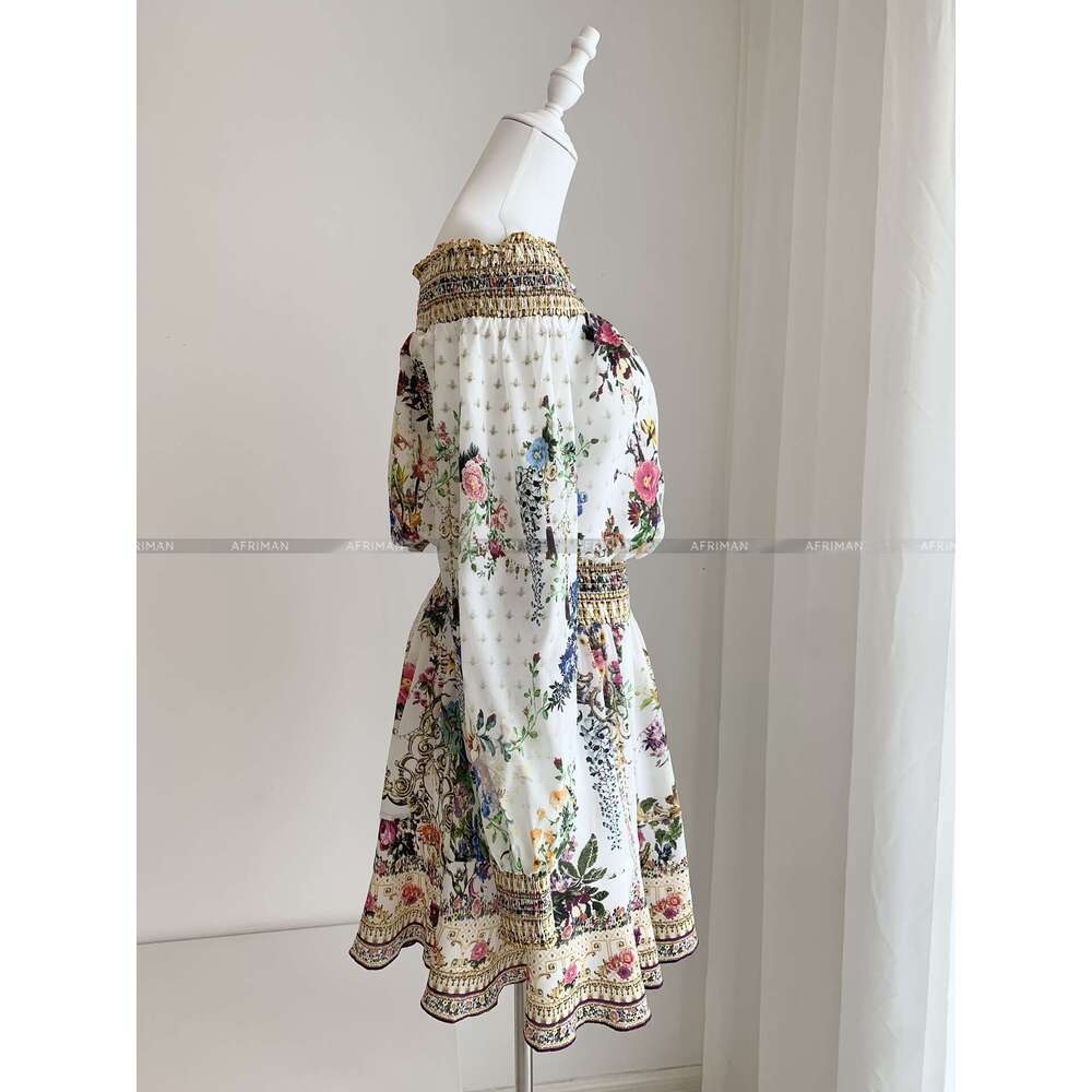 Women Slash Collar Long Sleeve Crystal Beaded Retro Wer Print Elastic Waist Mini Silk Dress