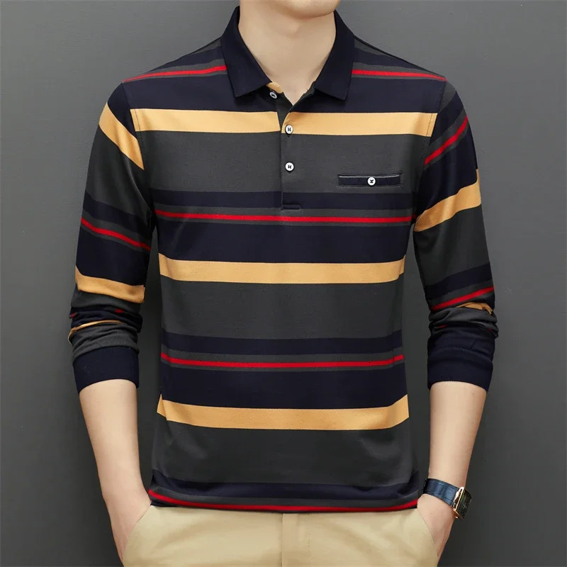 Mens Casual Stripe Plaid Long Sleeve Polo Shirt Fashion Top y241024