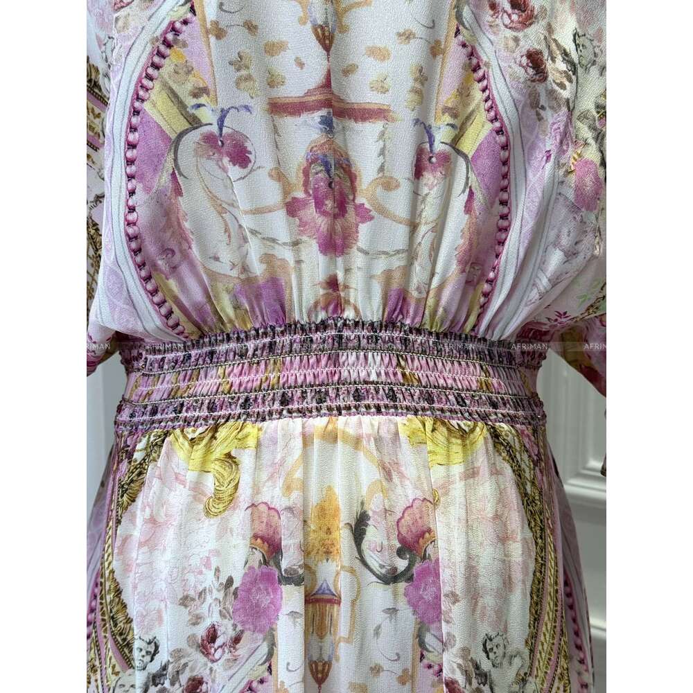 Women V Neck Crystal Beaded Short Flare Sleeve Pink Wer Print 100% Silk Maxi Long Dress