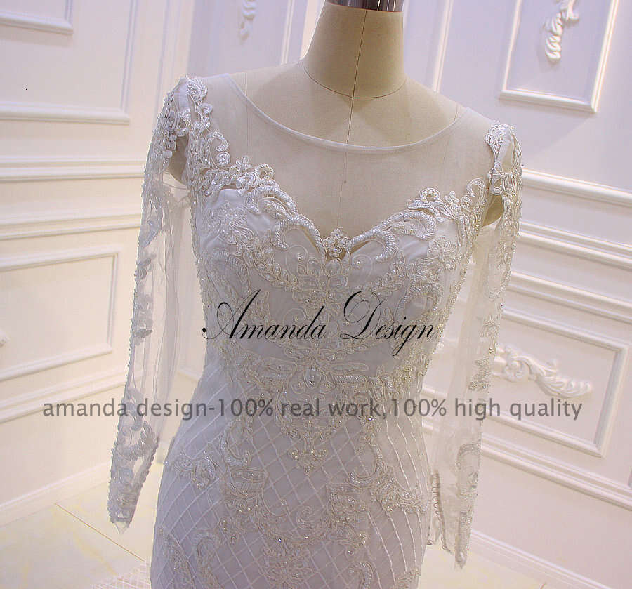 Amanda Design abendkleider Full Sleeve Lace Applique Pearls Mermaid Wedding Dress with Detachable Skirt