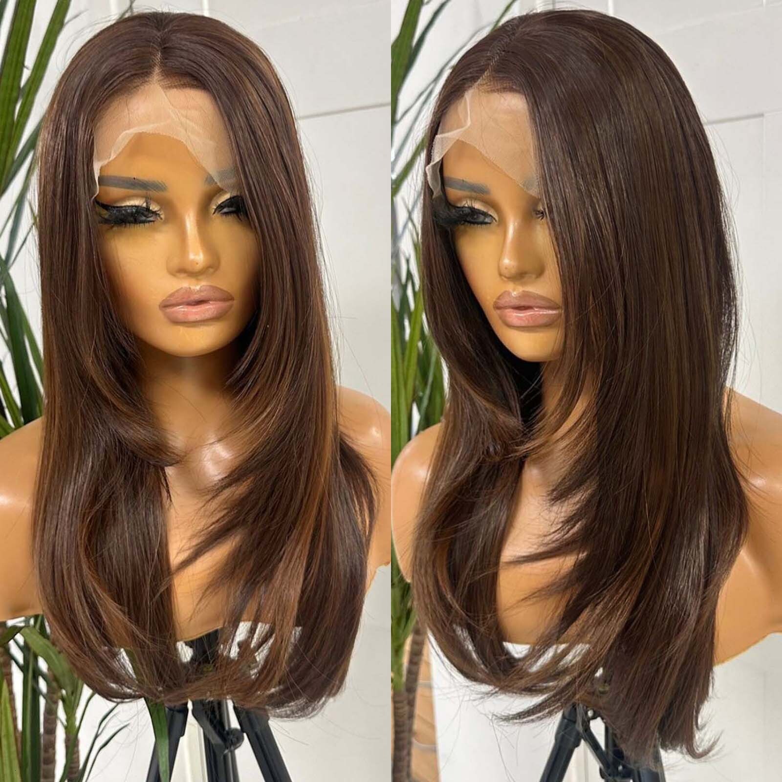 Mixed Brown Highlight Lace Front Wig Synthetic Hair Layered Straight Natural Wavy Brunette Colored 13X4 Frontal Wigs for Women