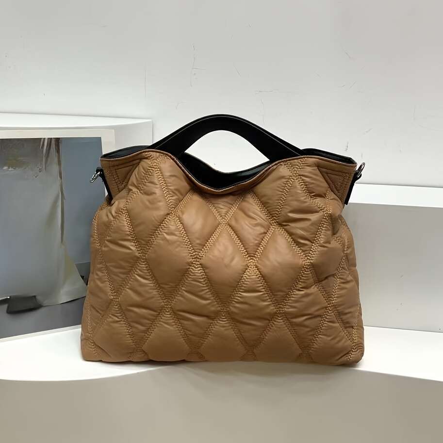 Trendy Puffer Quilted Tote Rhombus Nylon Shoulder Bag, Soft Padded Handbag For Women