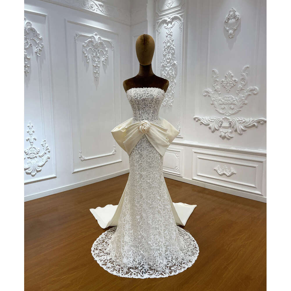 Sleeveless Appliques Lace Mermaid Bridal With Detachable Stain Bow Wedding Dress