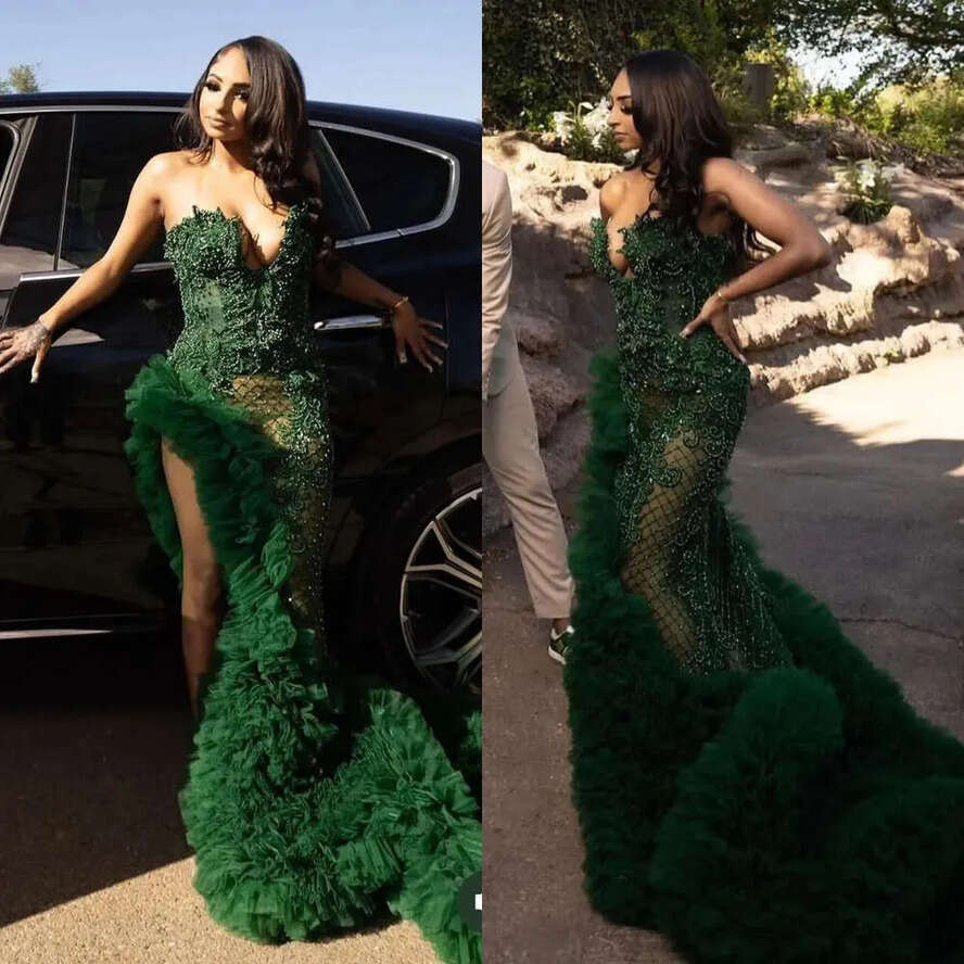 Stunning Crystal Green Prom Dress Black Sweetheart Beaded Sequins Evening Elegant Tulle Ruffle Thigh Split African Formal Dresses For Women 0515 Dr032