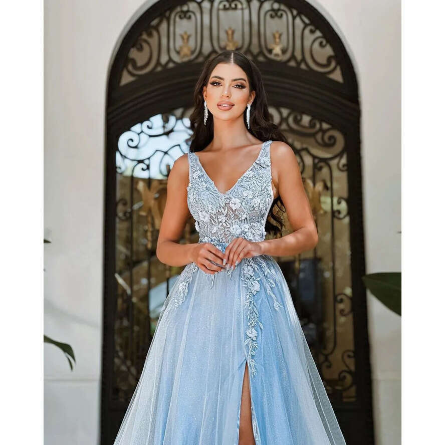 Blue A-E Prom Sleeveless V Neck Straps 3D Lace Appliques Sequins Beaded Hollow Or Length Celebrity Side Slit Evening Dresses Plus Size Custom Made 043