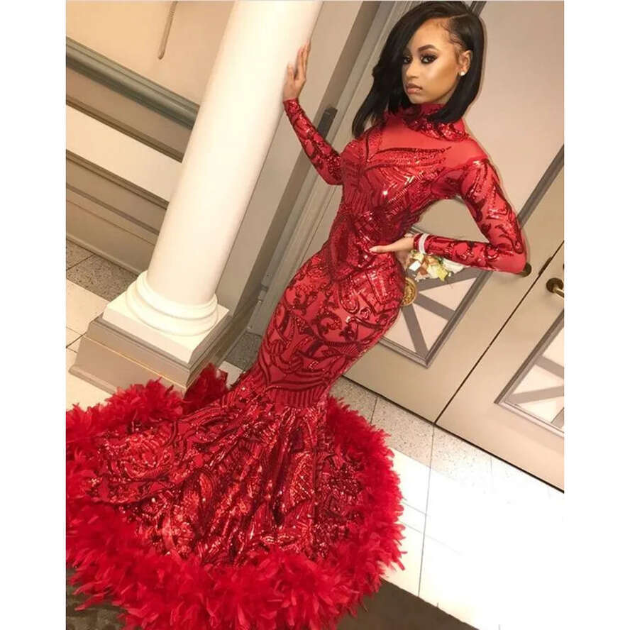 Red Mermaid African Prom Dresses 2020 New Feather Long Sleeve Or Length Sequined High Neck Formal Evening Dress Party Gowns