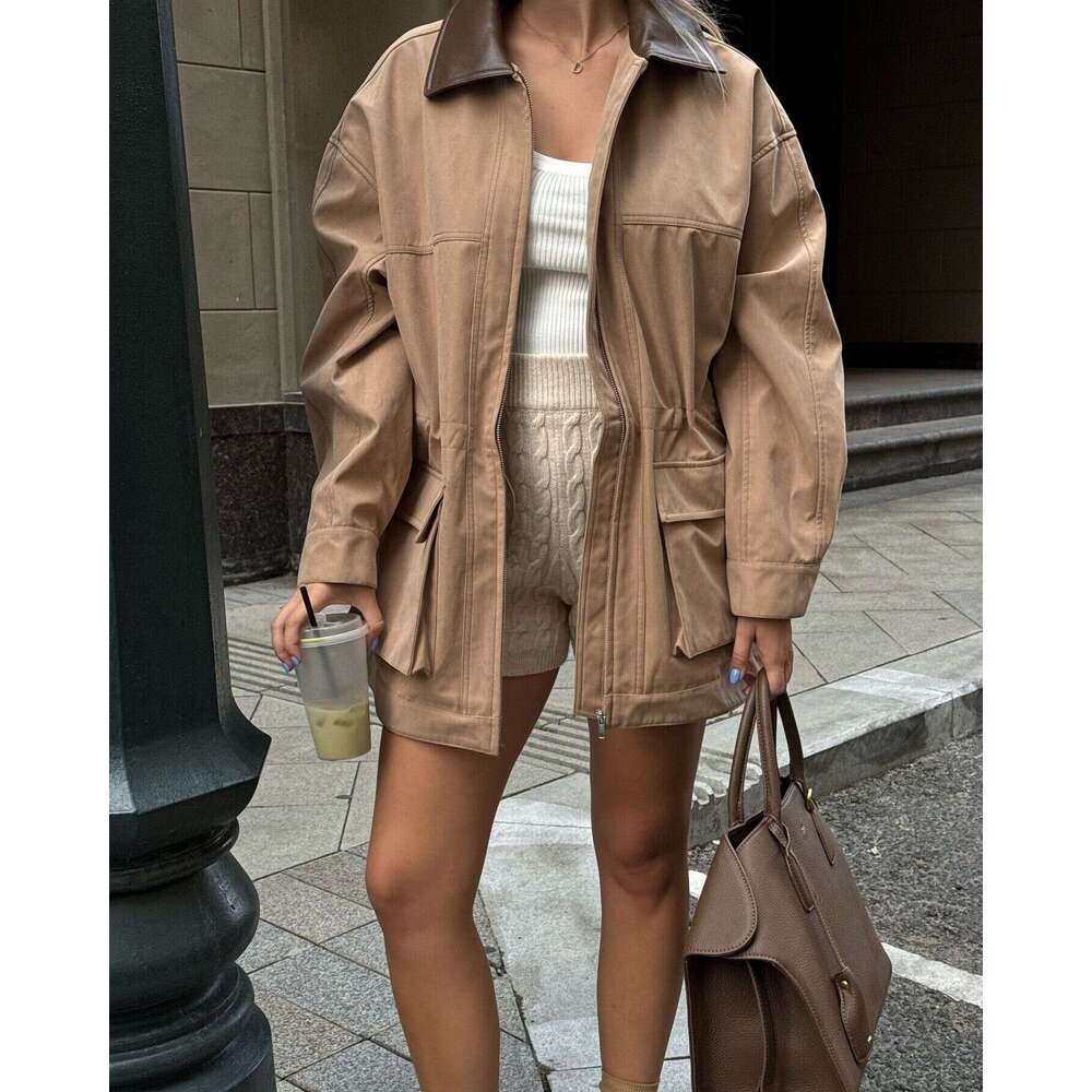 TRAFZA Women Lapel Contrasting Color Jacket Fall Winter High Street Zipper Pocket New 2024 Fashion Casual Classic Coat