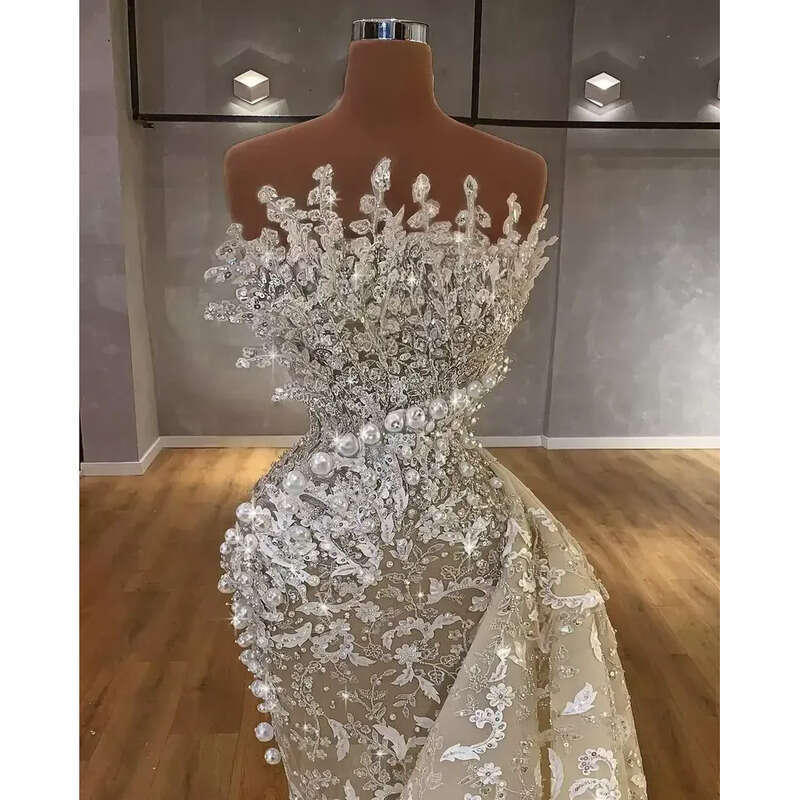 Urious Middle East Mermaid Wedding Gowns Sparkly Crystals Lace Strapless Dubai Arabic Bridal Dressses Pearls Beaded Brides Vestidos De Novia