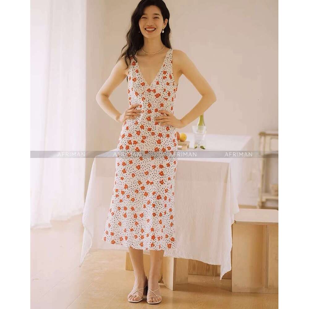 Women New French Style 100% Silk Saffron Print Lace Patchwork V Neck Sleeveless Slim Fit Seaside Vacation Dress