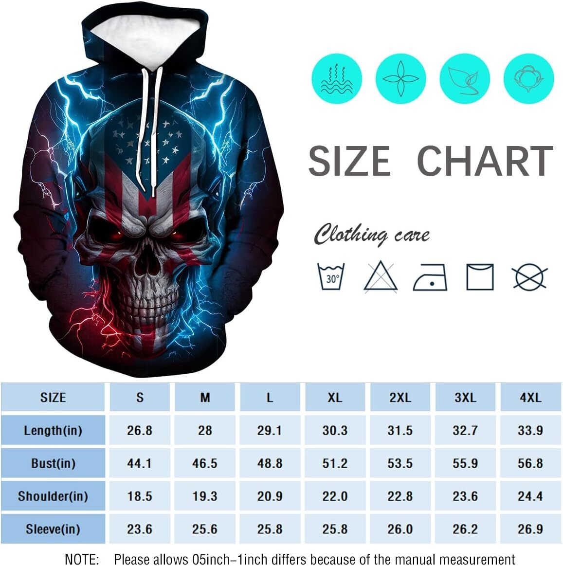 Hoodie for Mens Womens Mens Lightning cool Skull Hoodie Patriotic Theme Sweatshirt American Flag Graphic Pullover Graphic Hoodies sweatshirt Trendy pa