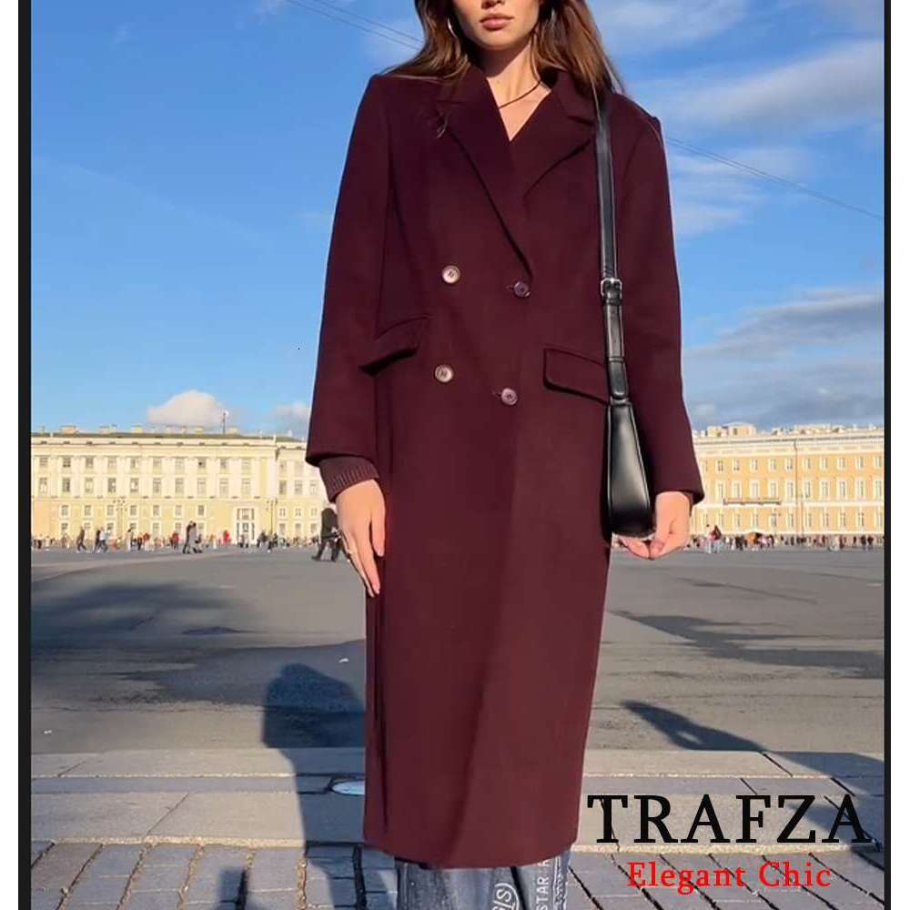 TRAFZA Elegant Blended Women's Lapel Double-Breasted Bury With Ed New 2024 Fall Winter Fashion Long Coat