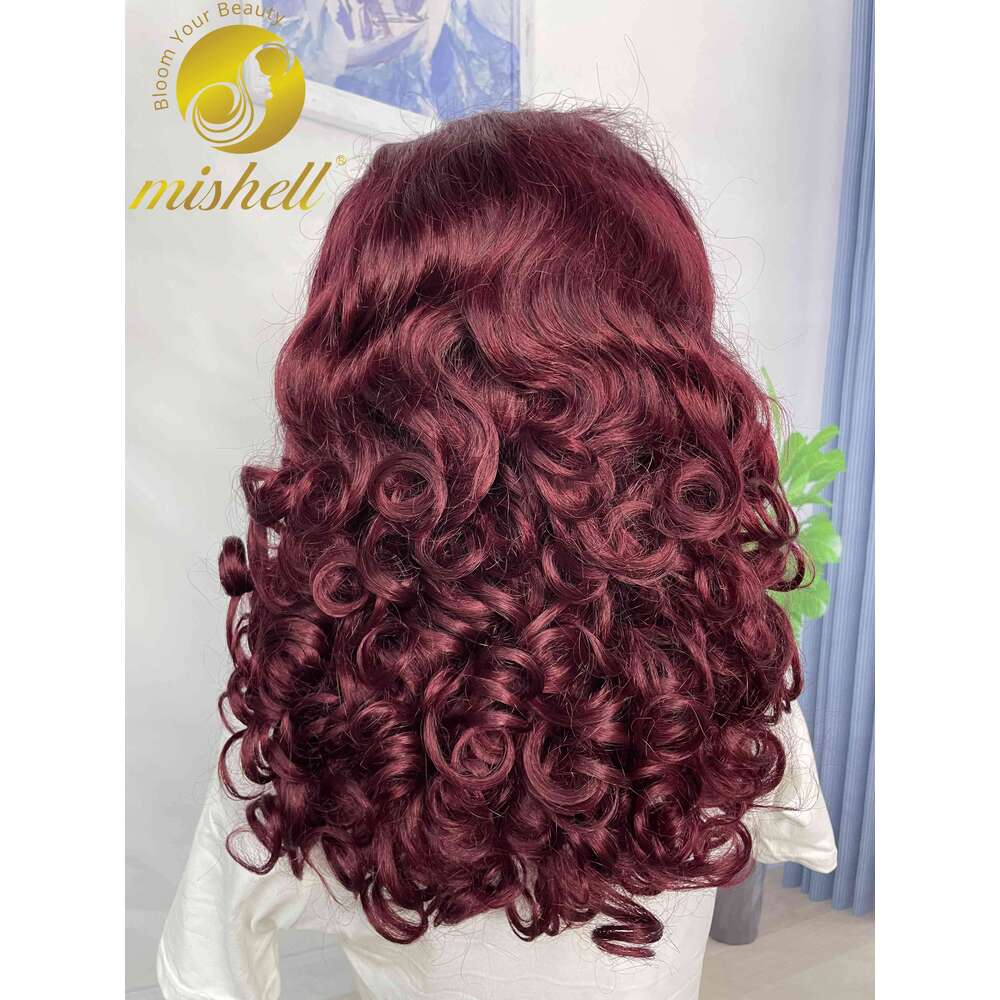 inch x Full Lace Frontal Spring Bouncy Curly Human Hair Wigs Density Burgundy J Short Loose Wave Bob Wig PrePlucked