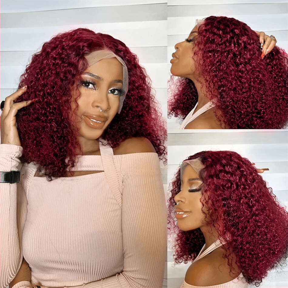 J Burgundy Lace Front Wig Short Bob Hair Human x Deep Wave Frontal Red Colored Curly Wigs