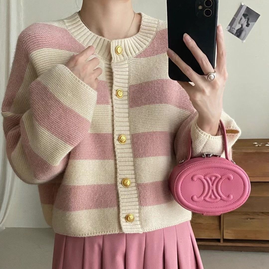 Korean Fashion Autumn Winter New Item Age Reducing Fresh Contrasting Striped Sweater Women Soft And Sticky Long Sleeved Knitted Cardigan Jacket F1028#