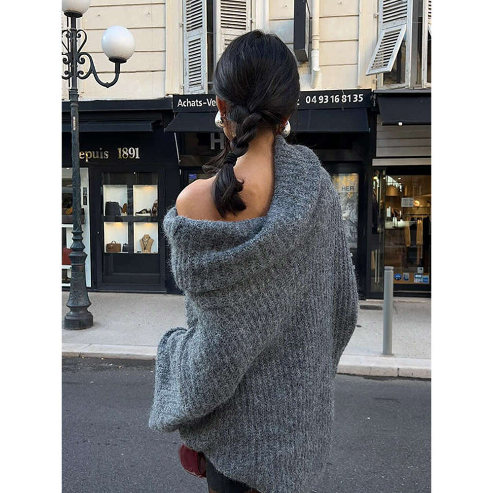 Elegant Off Shoulder Thicken Warm Knitted Pullover Women Fashion Oversized Long Flare Sleeve Solid Sweater 2024 Lady Streetwear