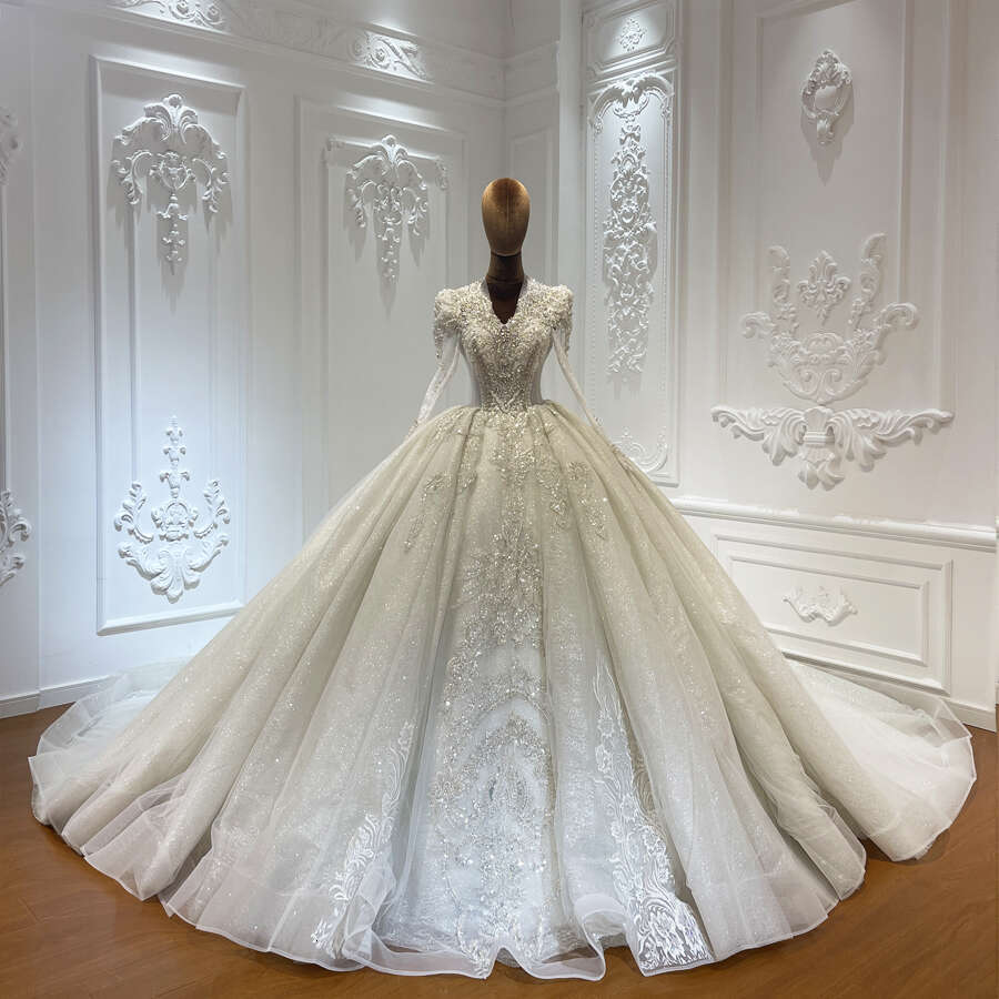 Hot Sale V-neck Long Sleeve New Beading Lace Bridal Wedding Dress