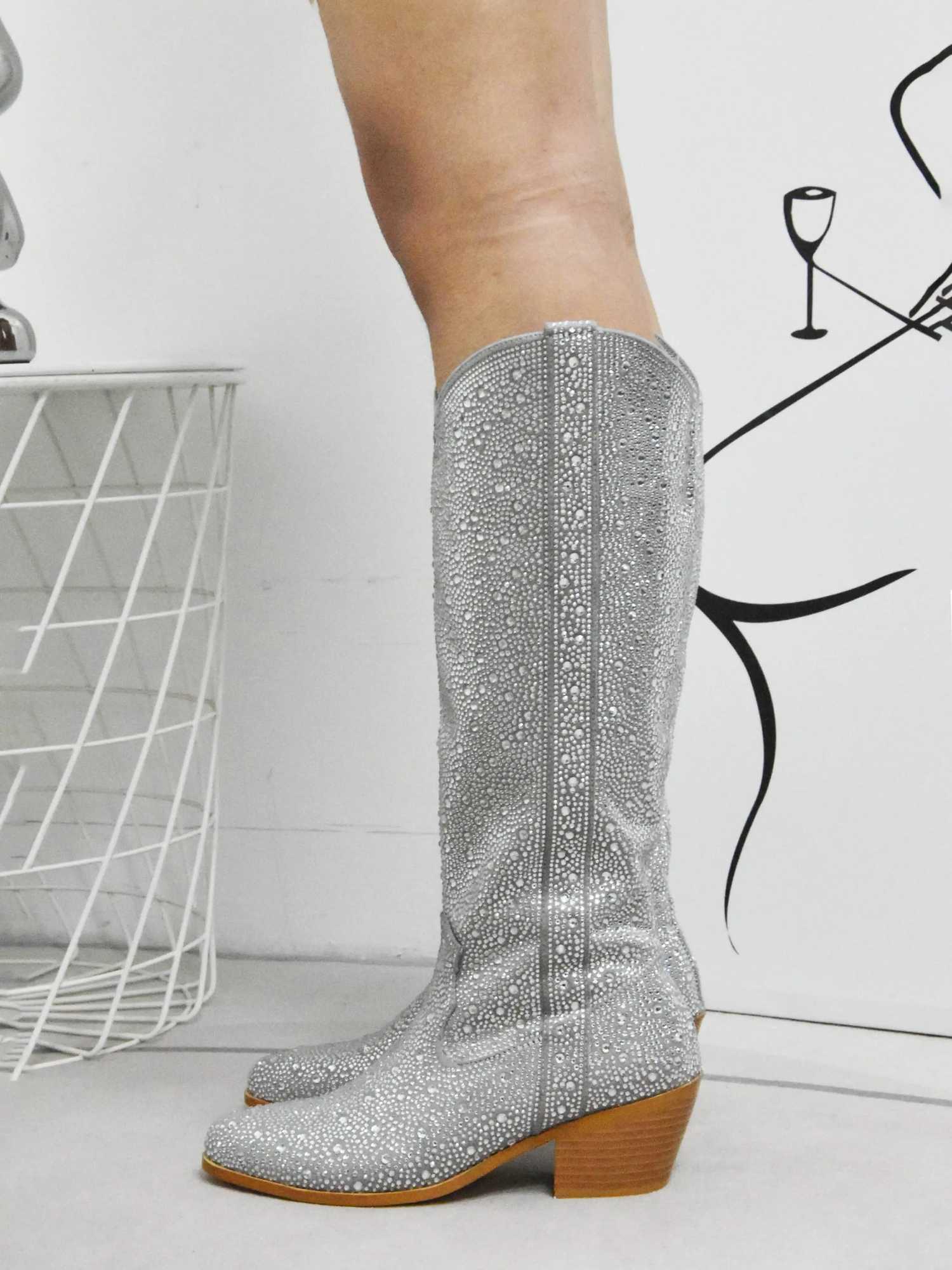 CHMURY 2024 Rhinestone Nashville hot Western cowboy black sier knee high cowgirl boots for women Z241028