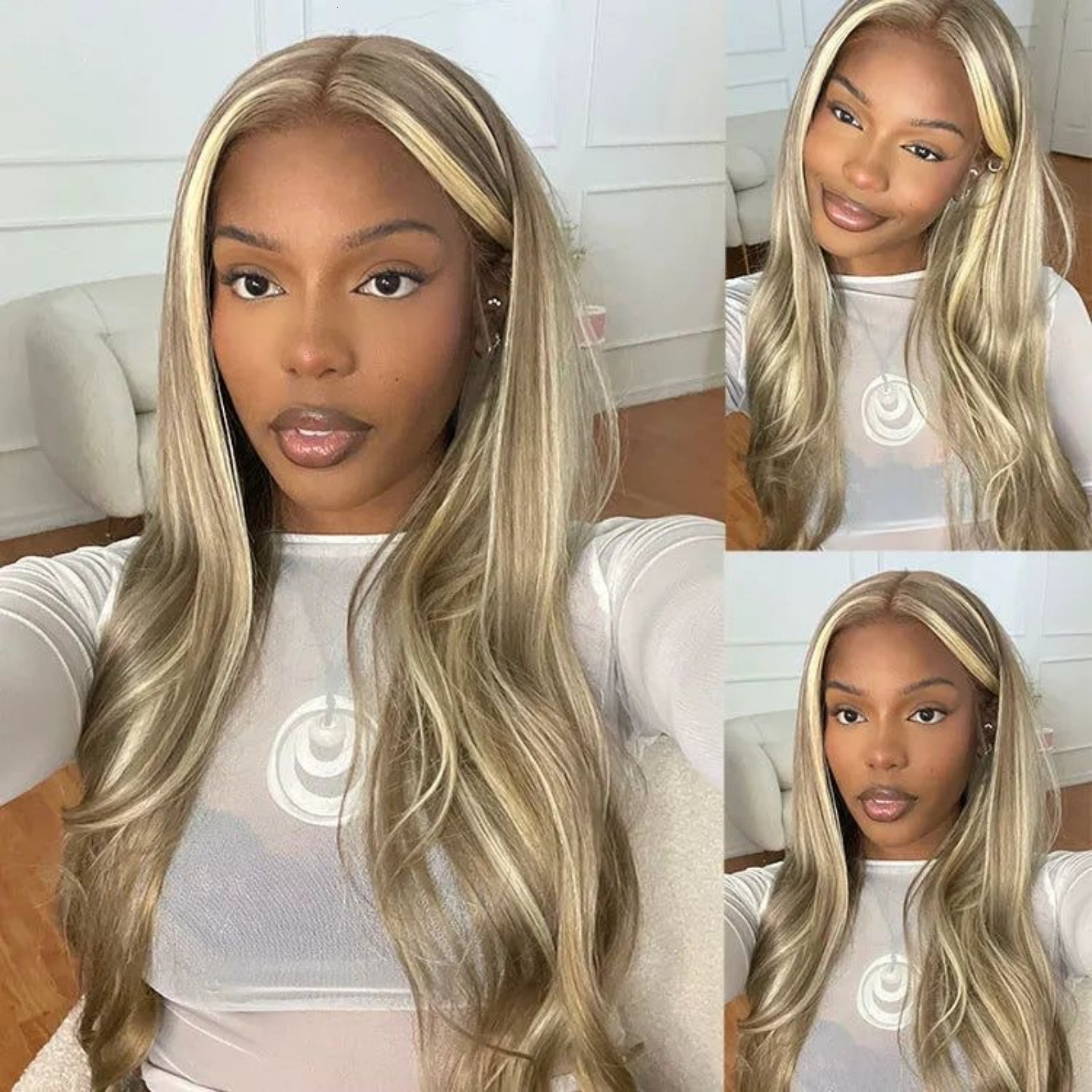 Brown Wig with Ash Blonde Highlights Synthetic Hair Long Wavy Loose Body Wave Strea Money Piece 13X4 Frontal Wigs for Women