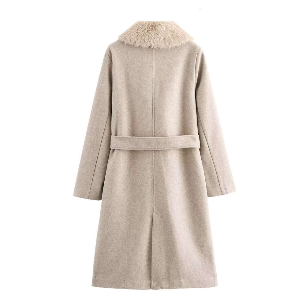 TRAFZA Women Fall Winter Faux Fur Collar Belted New 2024 Fashion Casual Stylish High Street Long Coat