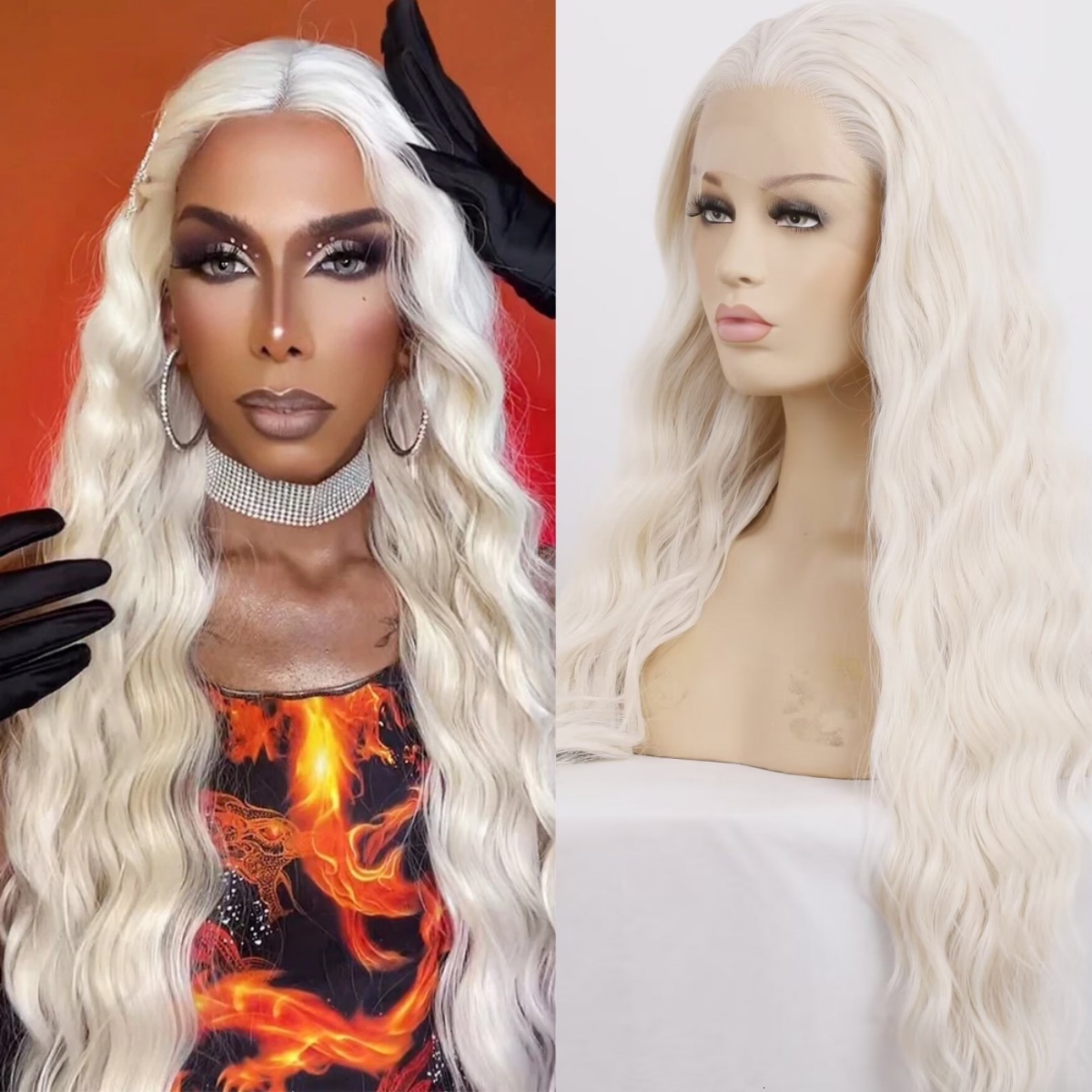 RDY Platinum Blonde Deep Wave Long Curly Synthetic Lace Front Wig Glueless White Blond Hair Frontal Wigs for Women Daily