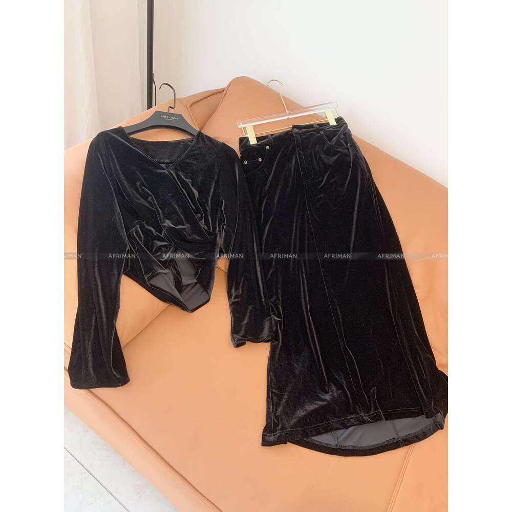 Women New V Neck Pure Color Veet Top+ High Waist Long Straight Skirt Set