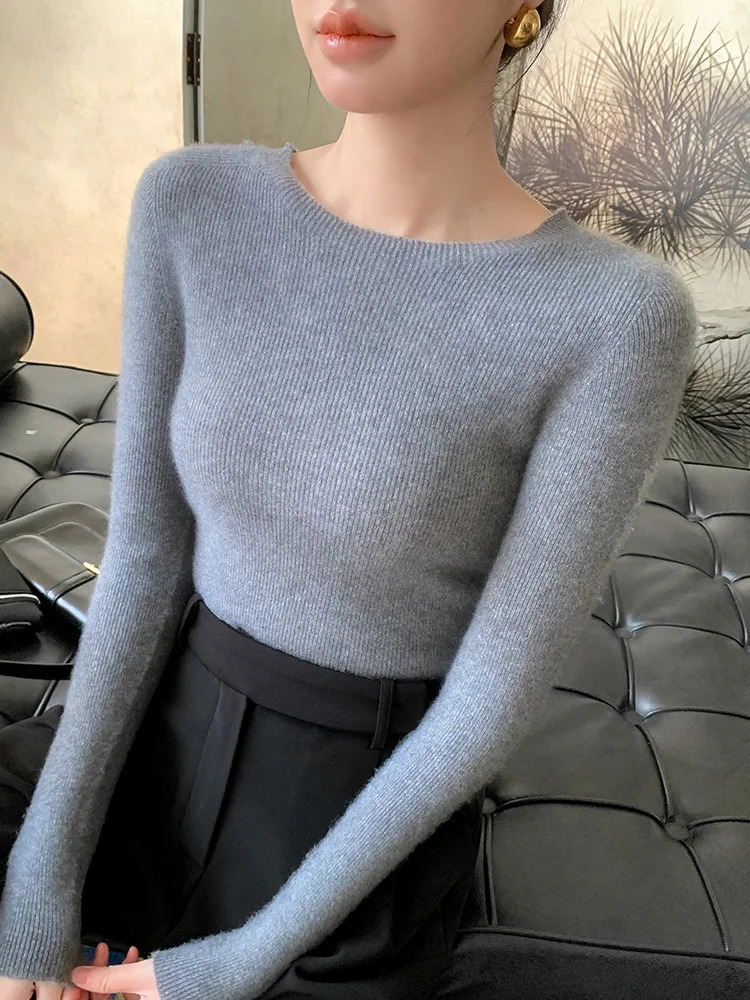 Womens sweater O-neck basic pullover sweater spring/summer 100% Merino wool slim solid color sweater fashionable top 241028