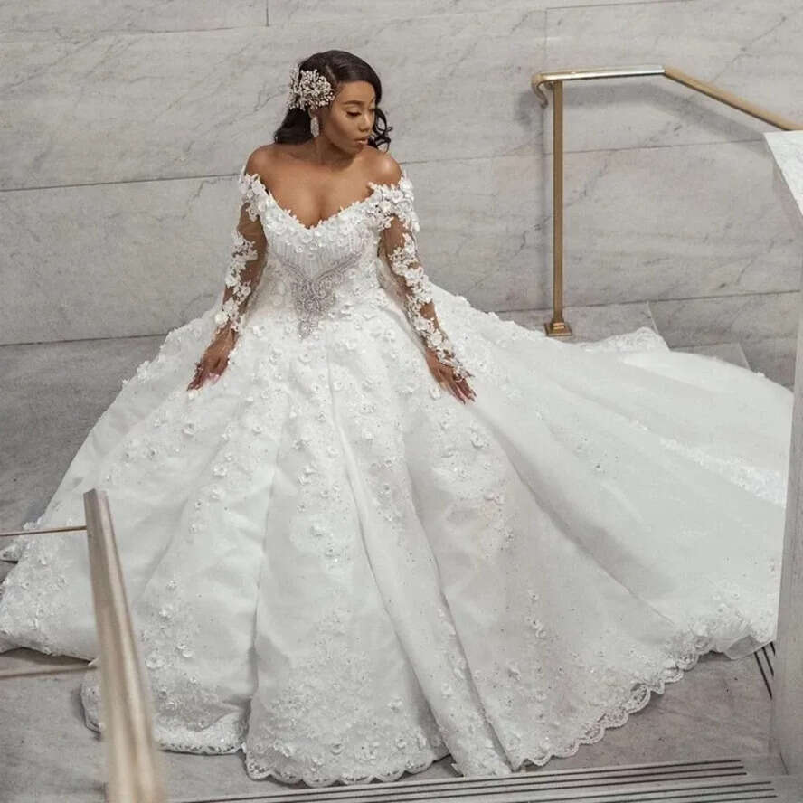 Urious Vestidos De Novia 202 A E Wedding Gowns Off Shoulder 3D Wer Ruched Lace Appliques Plus Size Church Train Bridal Party Dresses For Arabic Women 