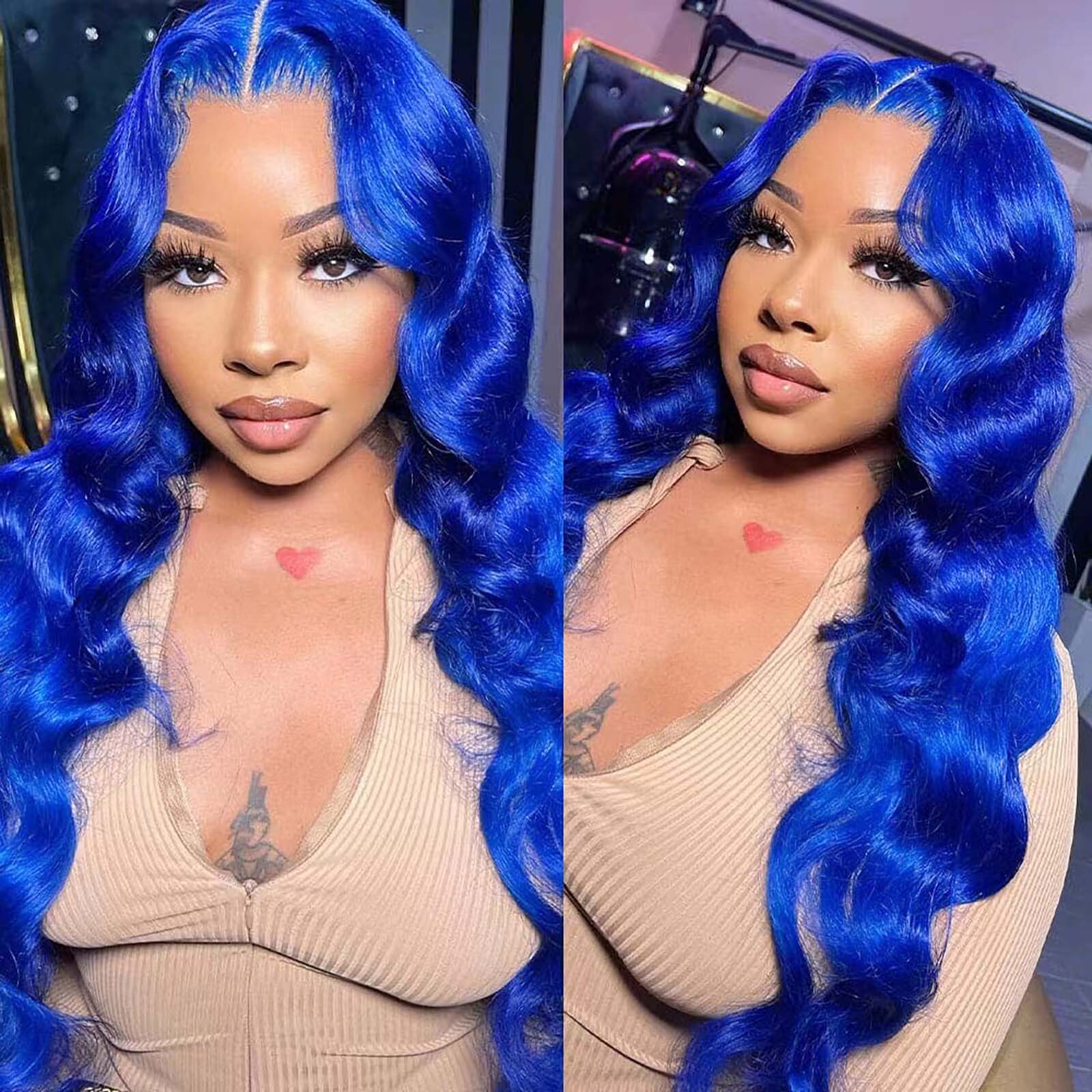 Royal Blue Front Body Wave Synthetic Wig Glueless Dark Colored Long Wavy Hair Frontal Lace Wigs for Women Party Cosplay