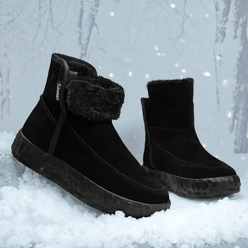 Winter men's high rise thick soled snow boots with thick fleece and warm cotton shoes, short boots