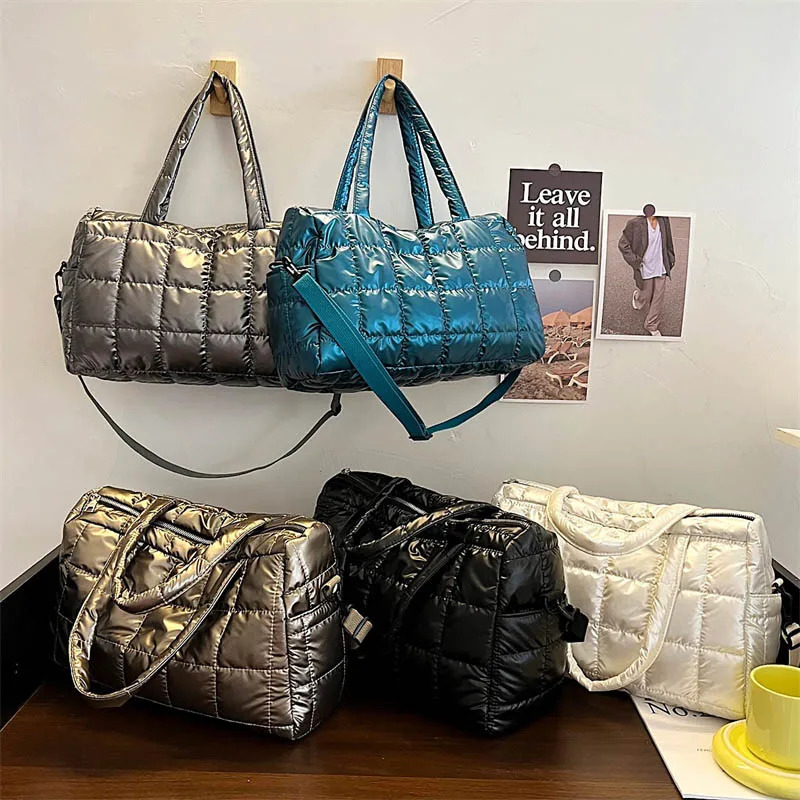 Nylon Waterproof Bucket Shoulder Messenger Bags for Women Winter Down Fabric Female Padded Handbags With Short Handle 241021