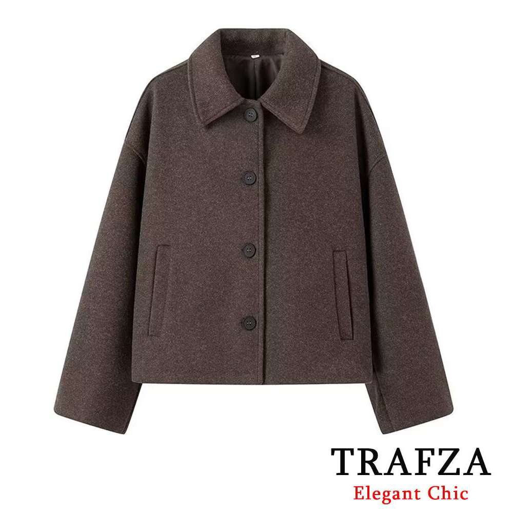 TRAFZA Vintage Loose Solid Tweed Women's Lapel Buttons Slant Pockets New Autumn Winter Fashion Jacket Coat